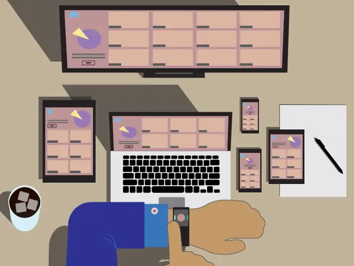 Animated illustration of a web designer’s desk with a website on a computer, laptop, tablet and phones