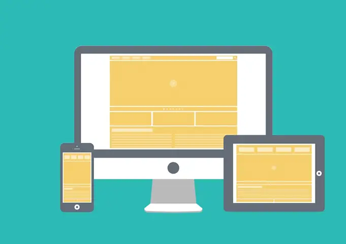 Animated illustration of a website on a computer, tablet and phone