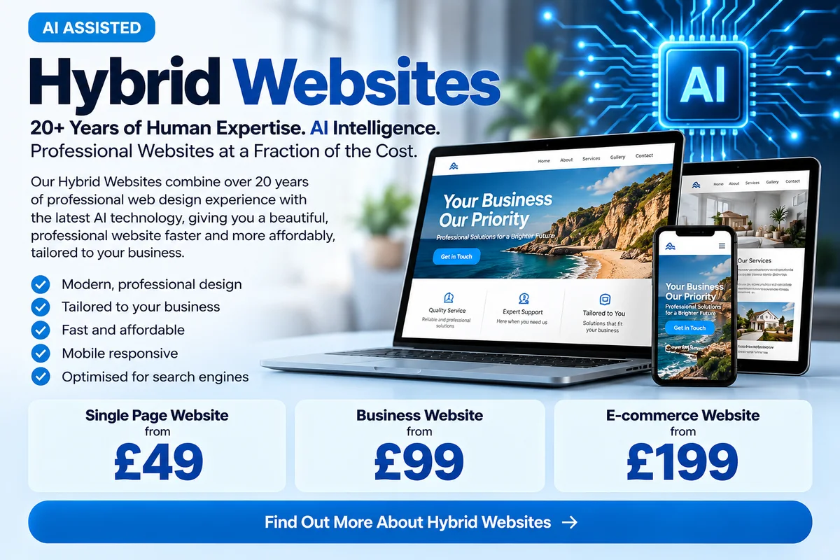 Hybrid websites, AI assisted: 20+ years of human expertise and AI intelligence for professional websites at a fraction of the cost. Single page website from £49, business website from £99, e-commerce website from £199.