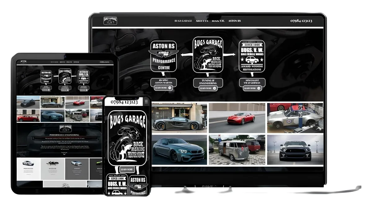 Bugs Garage website shown on a computer, tablet and phone