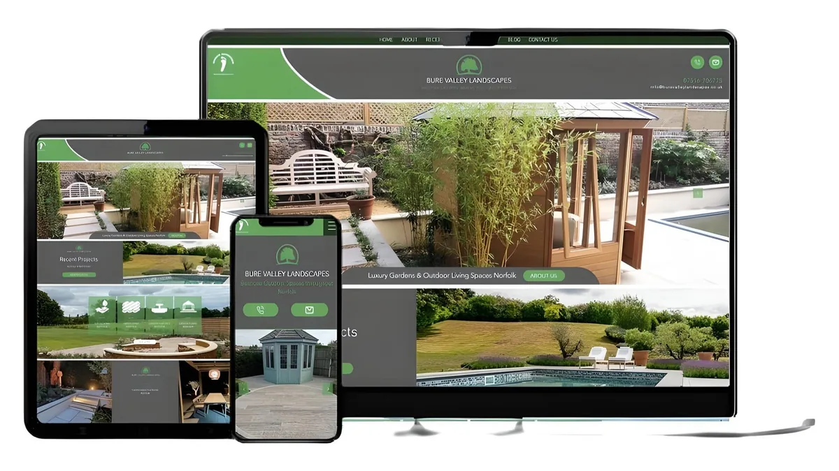 Bure Valley Landscapes website shown on a computer, tablet and phone