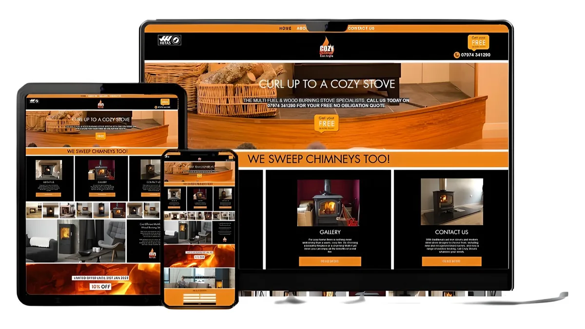 Cozy Stoves website shown on a computer, tablet and phone