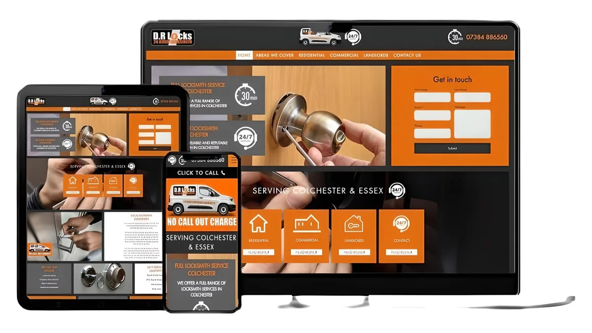 D.R Locks website shown on a computer, tablet and phone