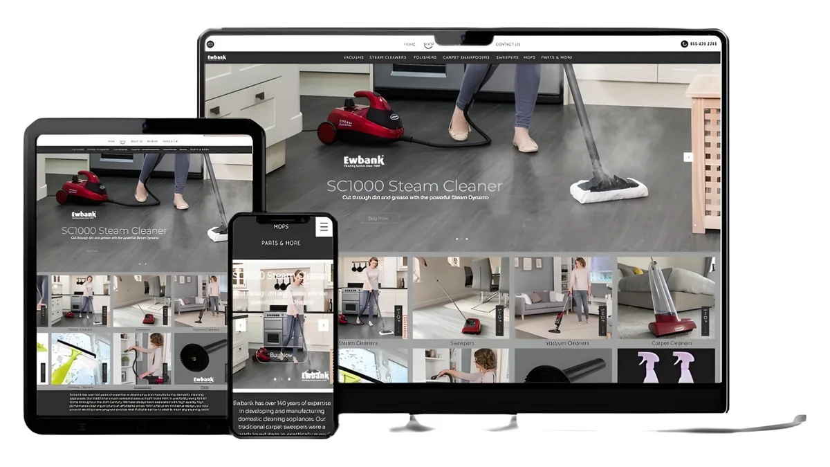 Ewbank website shown on a computer, tablet and phone