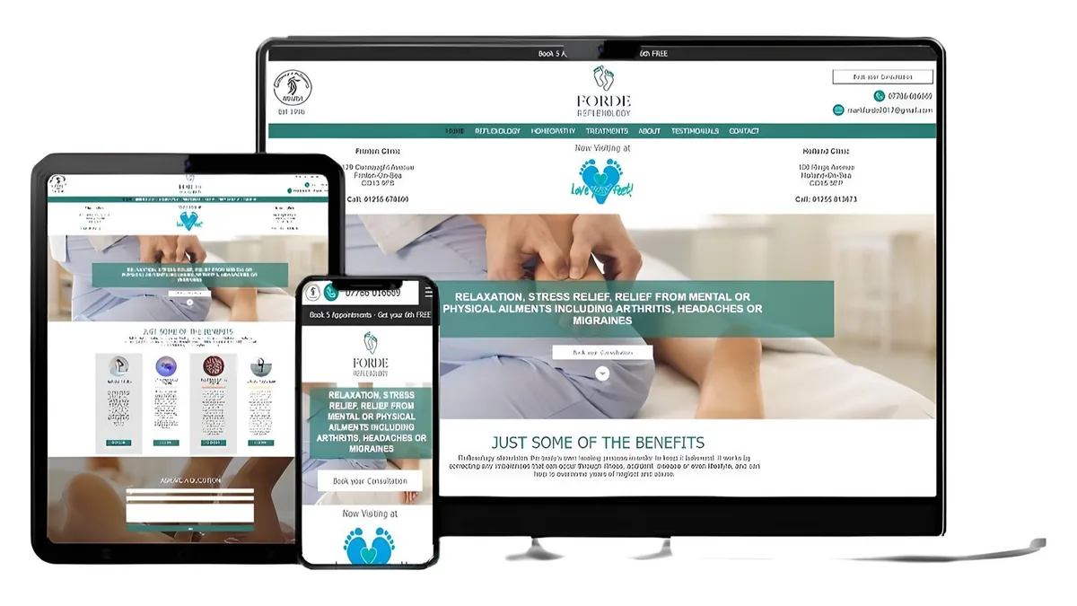 Forde Reflexology website shown on a computer, tablet and phone