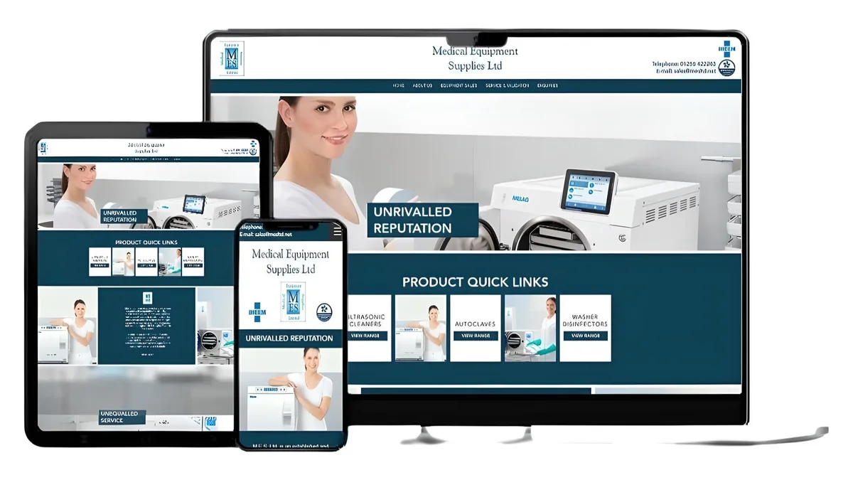 Medical Equipment Supplies website shown on a computer, tablet and phone